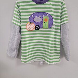 Kids Halloween Striped 3T Long-Sleeve Shirt W/ Camper & Pumpkin Design - Green &
